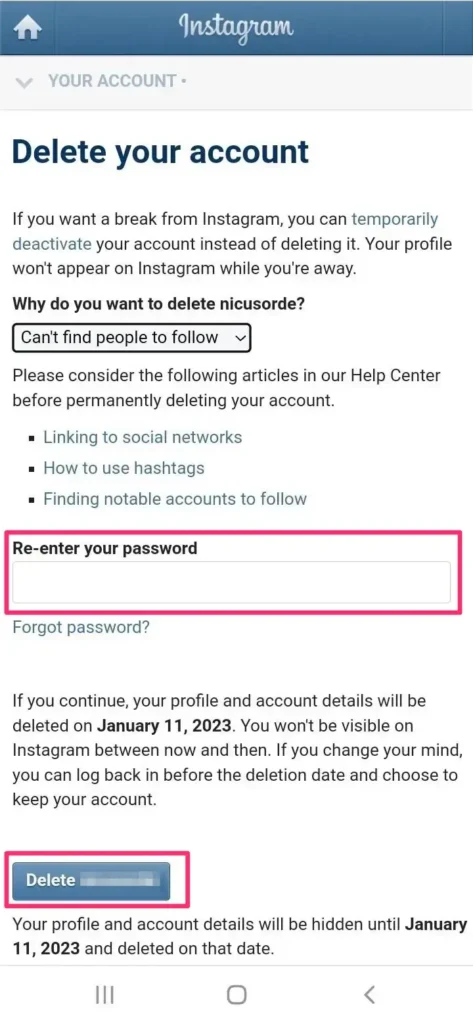 How to Permanently Delete Your Instagram Account - mobile web browser