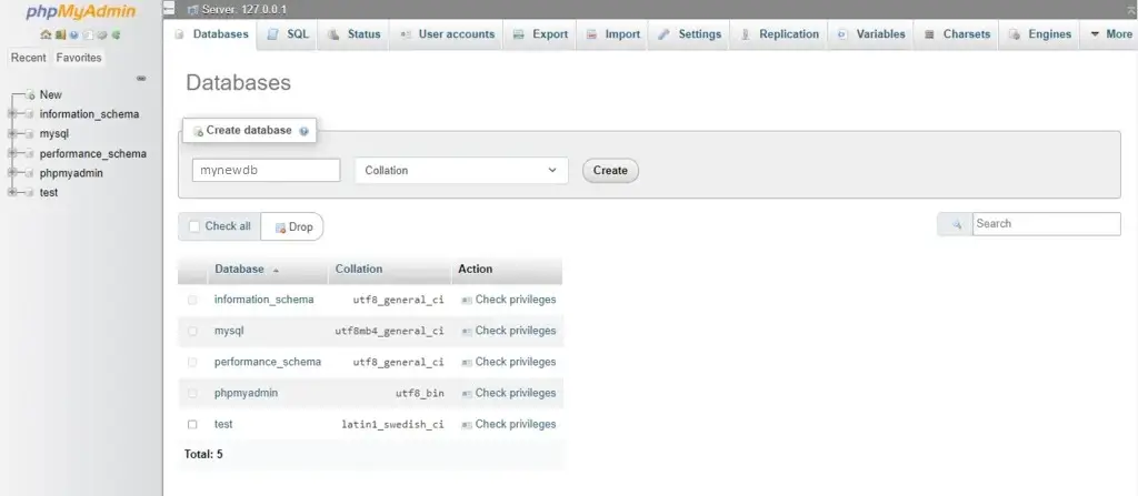 Database creation in PhpMyAdmin
