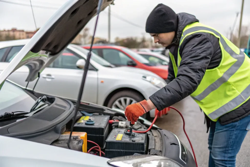how to jumpstart a car, a man next to his car trying to jumpstart the battery