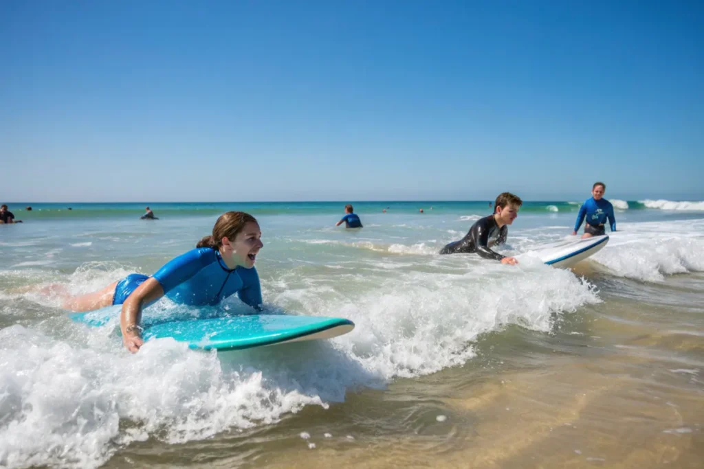 young people in their 20s surfing at the beach as beginners in a sunny summer day with blue sky, they are inside the beach with their paddles learning how to surf